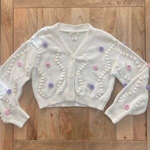 Jessica Simpson Cropped Cream Cardigan with Purple and Pink Accents